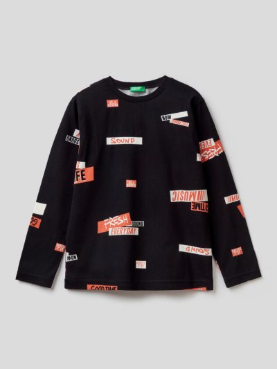 Black Kids' Benetton Warm Text Print Long Sleeve T-shirts | AU493751