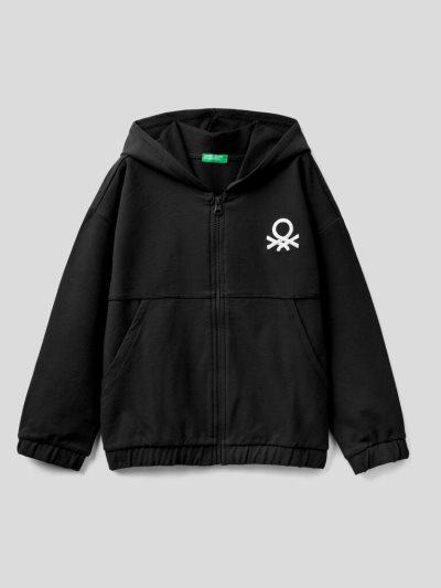 Black Kids' Benetton Warm Zip And Embroidered Logo Hoodie | AU449901