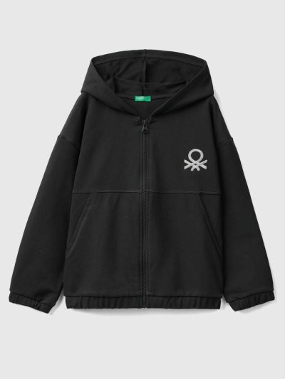 Black Kids' Benetton Zip And Embroidered Logo Hoodie | AU806587