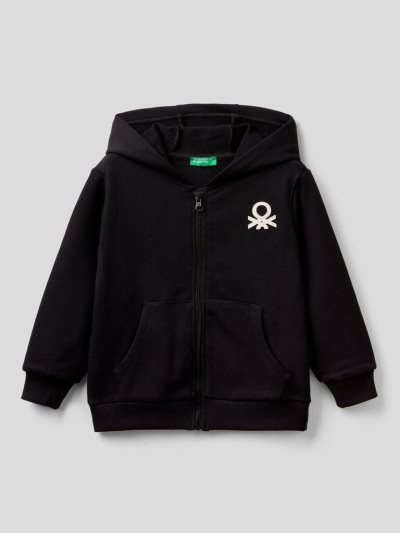 Black Kids' Benetton Zip-up Organic Cotton Hoodie | AU810694