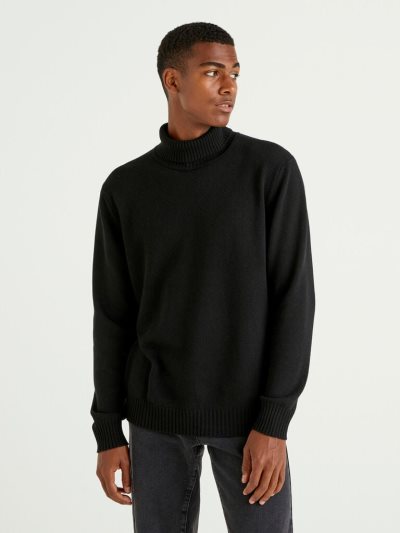 Black Men's Benetton Cashmere And Wool Blend Turtleneck High Neck Sweaters | AU022095