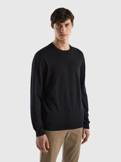 Black Men's Benetton Crew Neck 100% Cotton Sweaters | AU801445