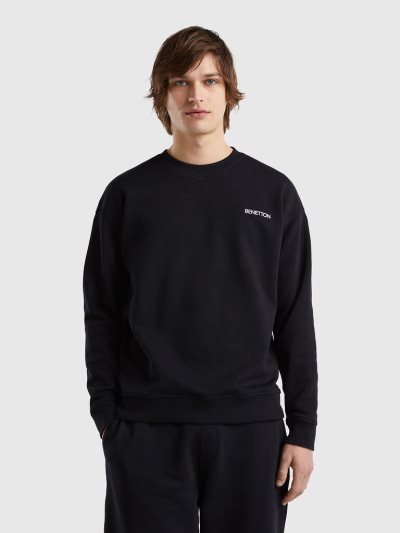 Black Men's Benetton Crew Neck Logo Print Sweatshirt | AU227216