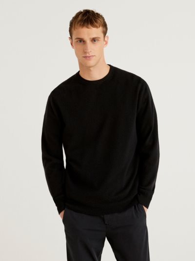 Black Men's Benetton Crew Neck Pure Merino Wool Sweaters | AU006922