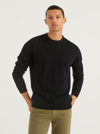 Black Men's Benetton Crew Neck Pure Virgin Wool Sweaters | AU718349