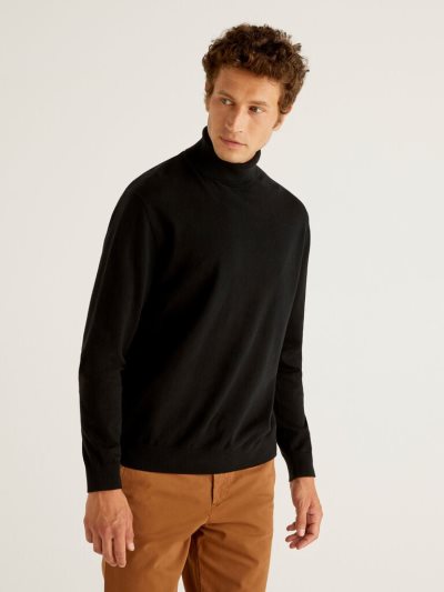 Black Men's Benetton Lightweight Cotton Blend Turtleneck High Neck Sweaters | AU541820