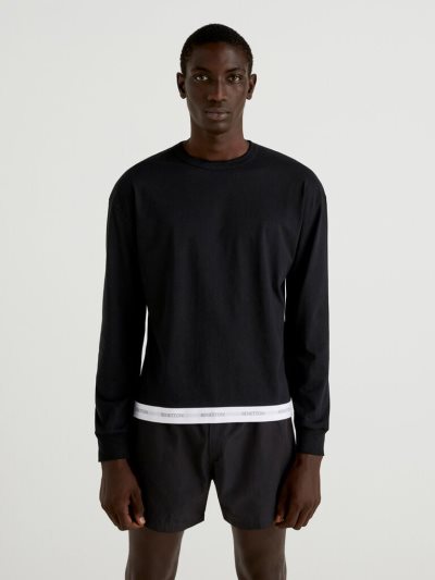 Black Men's Benetton Logoed Elastic Sweatshirt | AU423873