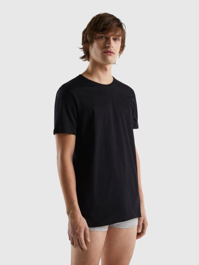 Black Men's Benetton Long Fiber Cotton T Shirts | AU890966