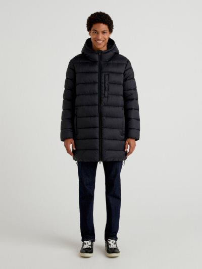 Black Men's Benetton Long Padded Recycled Nylon Puffer Jackets | AU515223