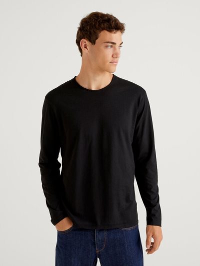 Black Men's Benetton Long Sleeve 100% Cotton T Shirts | AU386252