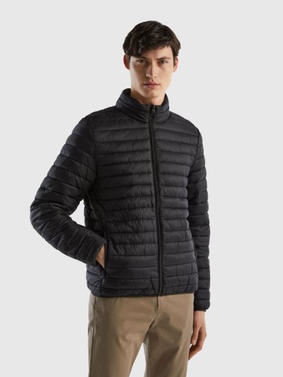 Black Men's Benetton Padded Recycled Wadding Puffer Jackets | AU523328