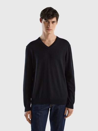 Black Men's Benetton Pure Cotton V-neck Sweaters | AU421505