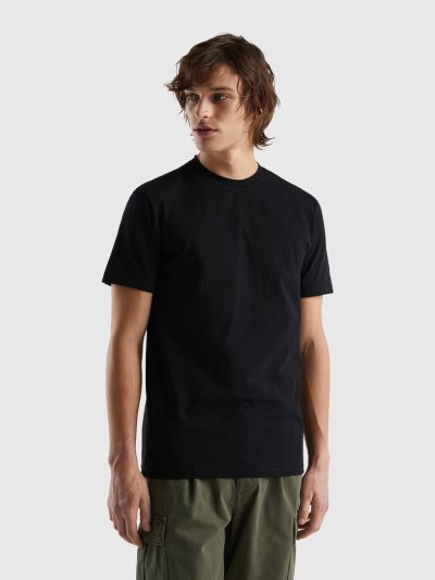 Black Men's Benetton Slim Fit Stretch Cotton Short Sleeve T-shirts | AU947367