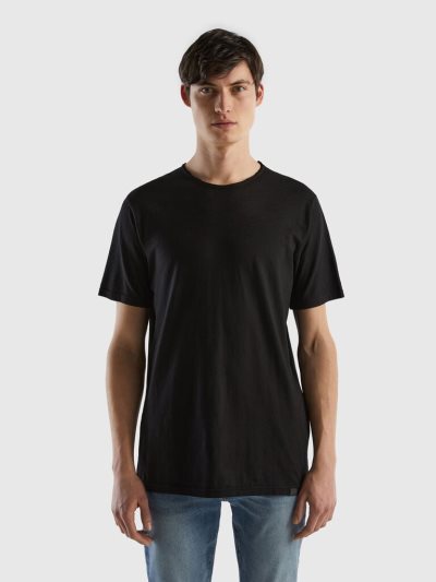 Black Men's Benetton Slub Cotton Short Sleeve T-shirts | AU451936