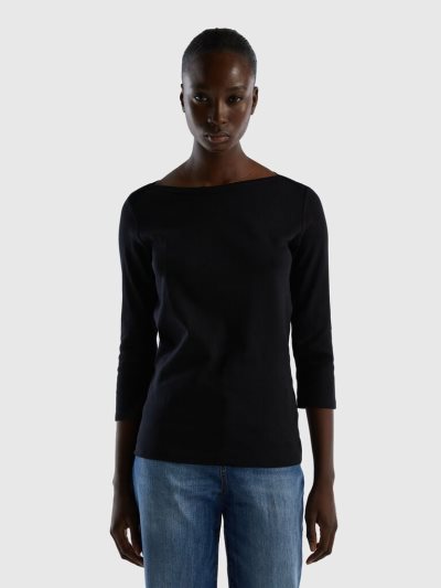 Black Women's Benetton 100% Cotton Boat Neck Long Sleeve T-shirts | AU126500