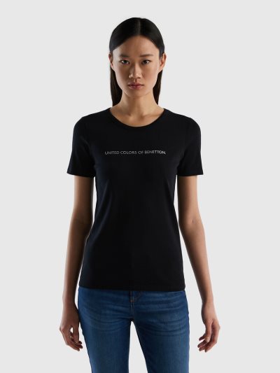 Black Women's Benetton 100% Cotton Glitter Print Logo Short Sleeve T-shirts | AU034271