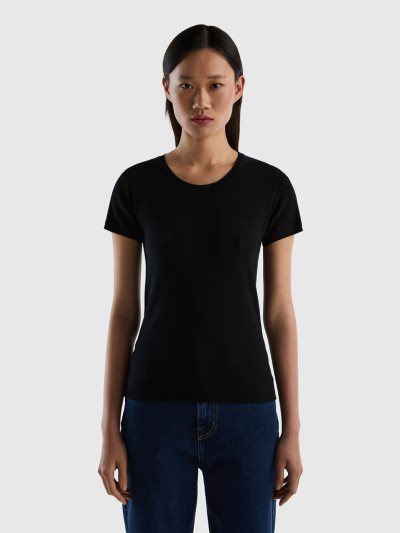 Black Women's Benetton 100% Cotton Short Sleeve Sweaters | AU020545