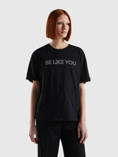 Black Women's Benetton 100% Cotton Slogan Short Sleeve T-shirts | AU385007