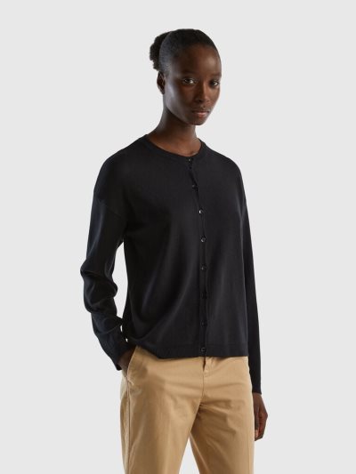 Black Women's Benetton Buttons Crew Neck Cardigan | AU023967