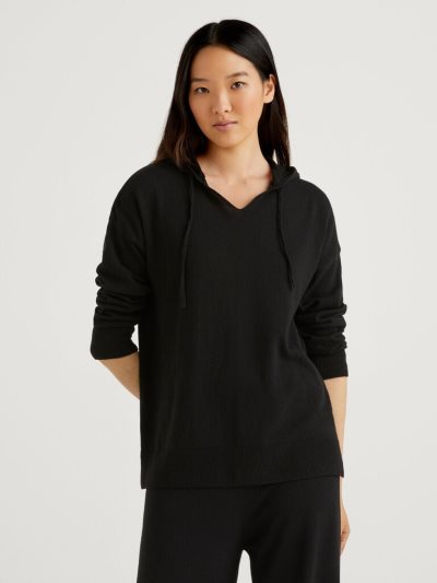 Black Women's Benetton Cashmere Blend Hood V-neck Sweaters | AU934866