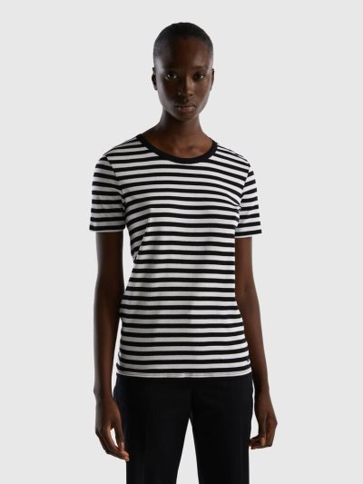 Black Women's Benetton Crew Neck Striped Short Sleeve T-shirts | AU676109