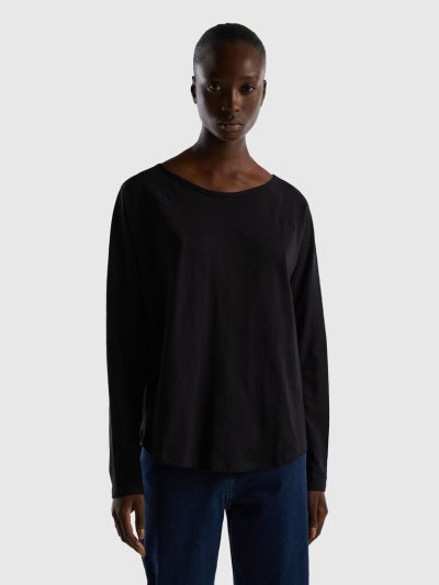 Black Women's Benetton Long Sleeve Pure Cotton T Shirts | AU449796