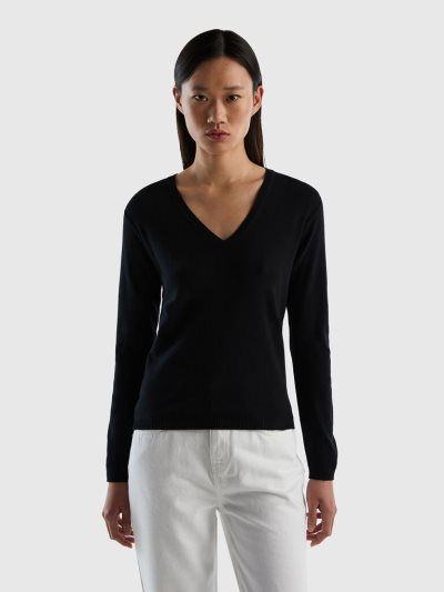 Black Women's Benetton Pure Cotton V-neck Sweaters | AU674942