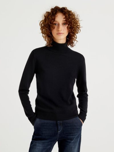 Black Women's Benetton Pure Merino Wool Turtleneck High Neck Sweaters | AU992570