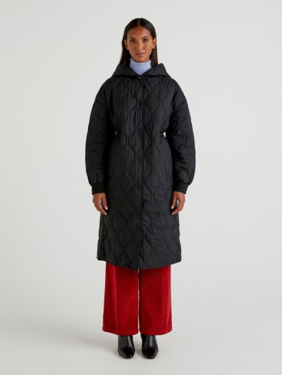 Black Women's Benetton Quilted Hood Padded Jackets | AU273033