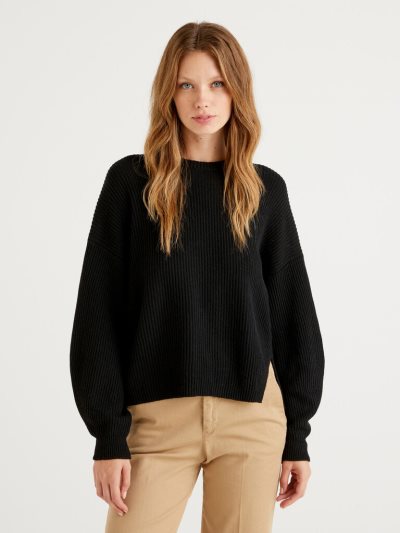 Black Women's Benetton Soft Slit Pattern Crew Neck Sweaters | AU943639