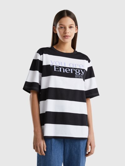 Black Women's Benetton Striped Slogan Short Sleeve T-shirts | AU272901