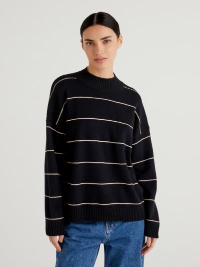 Black Women's Benetton Striped Turtleneck High Neck Sweaters | AU004966