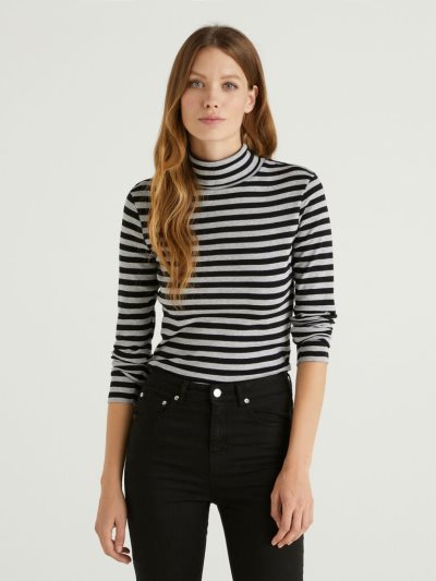 Black Women's Benetton Striped Turtleneck Long Sleeve T-shirts | AU327758