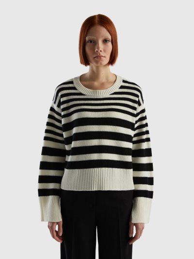 Black Women's Benetton Striped Wool Blend Crew Neck Sweaters | AU049252