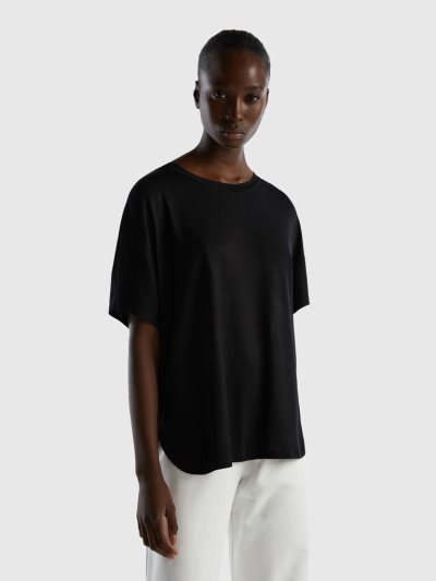 Black Women's Benetton Sustainable Stretch Viscose Short Sleeve T-shirts | AU083122