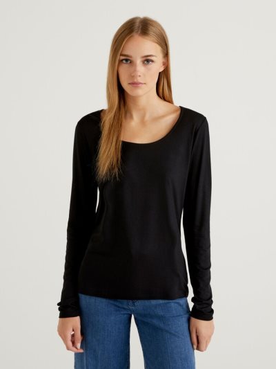 Black Women's Benetton Sustainable Stretch Viscose Long Sleeve T-shirts | AU430301