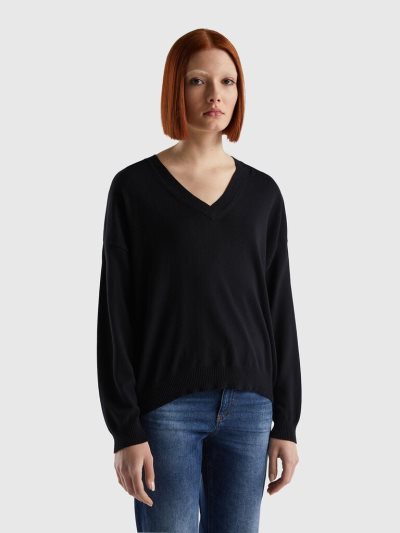 Black Women's Benetton V-neck Sweaters | AU766631