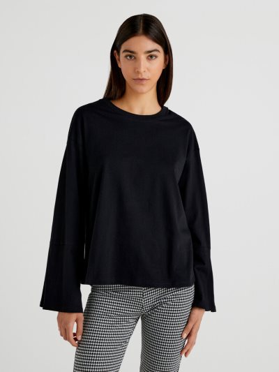 Black Women's Benetton Wide Sleeve Long Fiber Cotton Long Sleeve T-shirts | AU258454