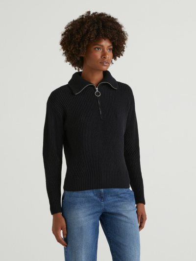 Black Women's Benetton Zip Opening V-neck Sweaters | AU073891