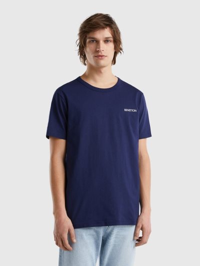 Blue Men's Benetton Organic Cotton Logo Print Short Sleeve T-shirts | AU802383