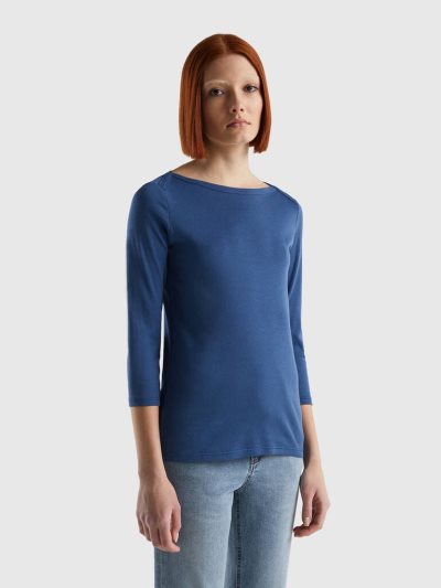 Blue Women's Benetton 100% Cotton Boat Neck Long Sleeve T-shirts | AU443089