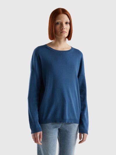 Blue Women's Benetton Cotton Round Neck Sweaters | AU532904