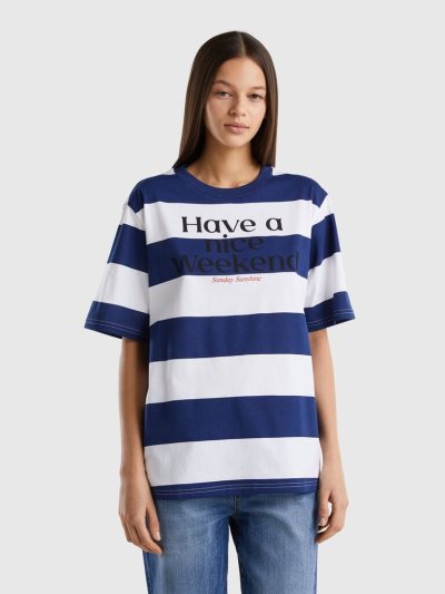 Blue Women's Benetton Striped Slogan Short Sleeve T-shirts | AU884487