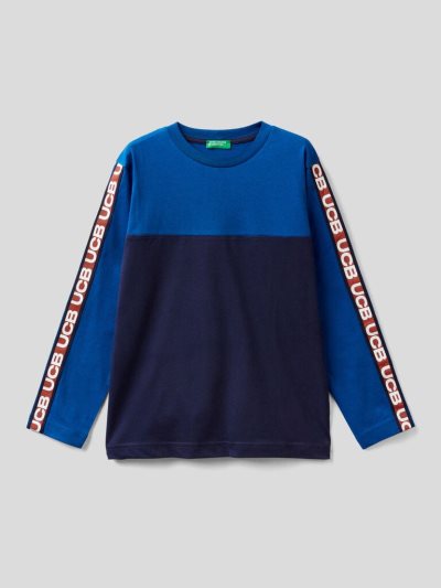 Bright Blue Kids' Benetton 100% Cotton Color Block Long Sleeve T-shirts | AU468371