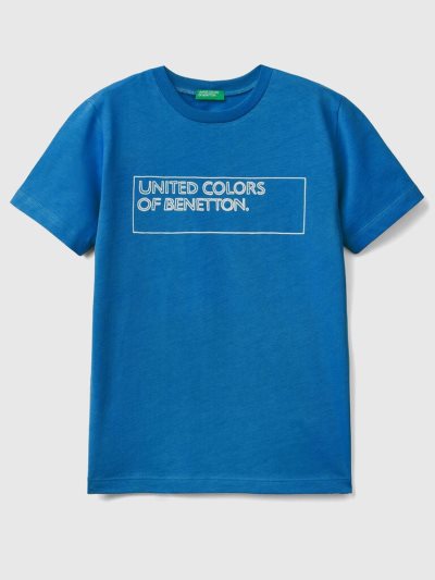 Bright Blue Kids' Benetton 100% Cotton Logo Short Sleeve T-shirts | AU362790