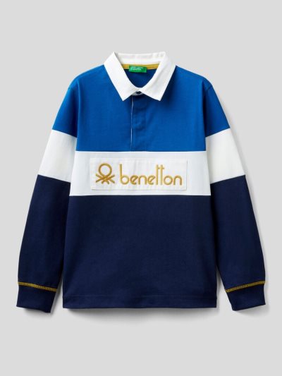 Bright Blue Kids' Benetton 100% Cotton Rugby Long Sleeve Polos | AU374177