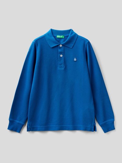 Bright Blue Kids' Benetton 100% Organic Cotton Long Sleeve Polo Shirts | AU889877