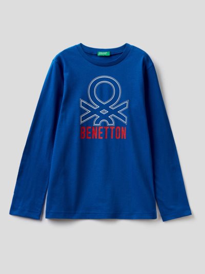 Bright Blue Kids' Benetton Long Sleeve Organic Cotton T Shirts | AU942514