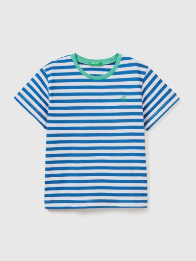 Bright Blue Kids' Benetton Striped Cotton Short Sleeve T-shirts | AU162313