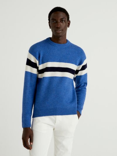 Bright Blue Men's Benetton Clashing Detail Crew Neck Sweaters | AU164619